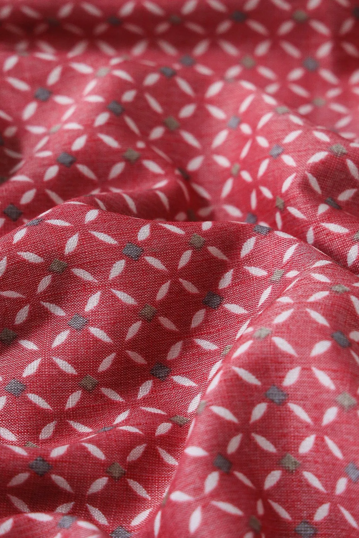 Light Maroon And White Geometric Pattern On Pure Rayon Fabric