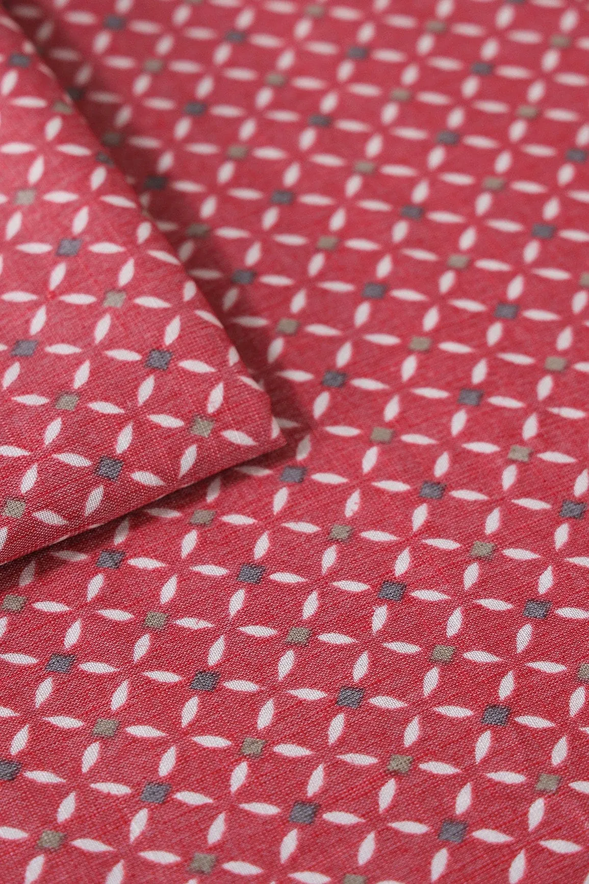 Light Maroon And White Geometric Pattern On Pure Rayon Fabric