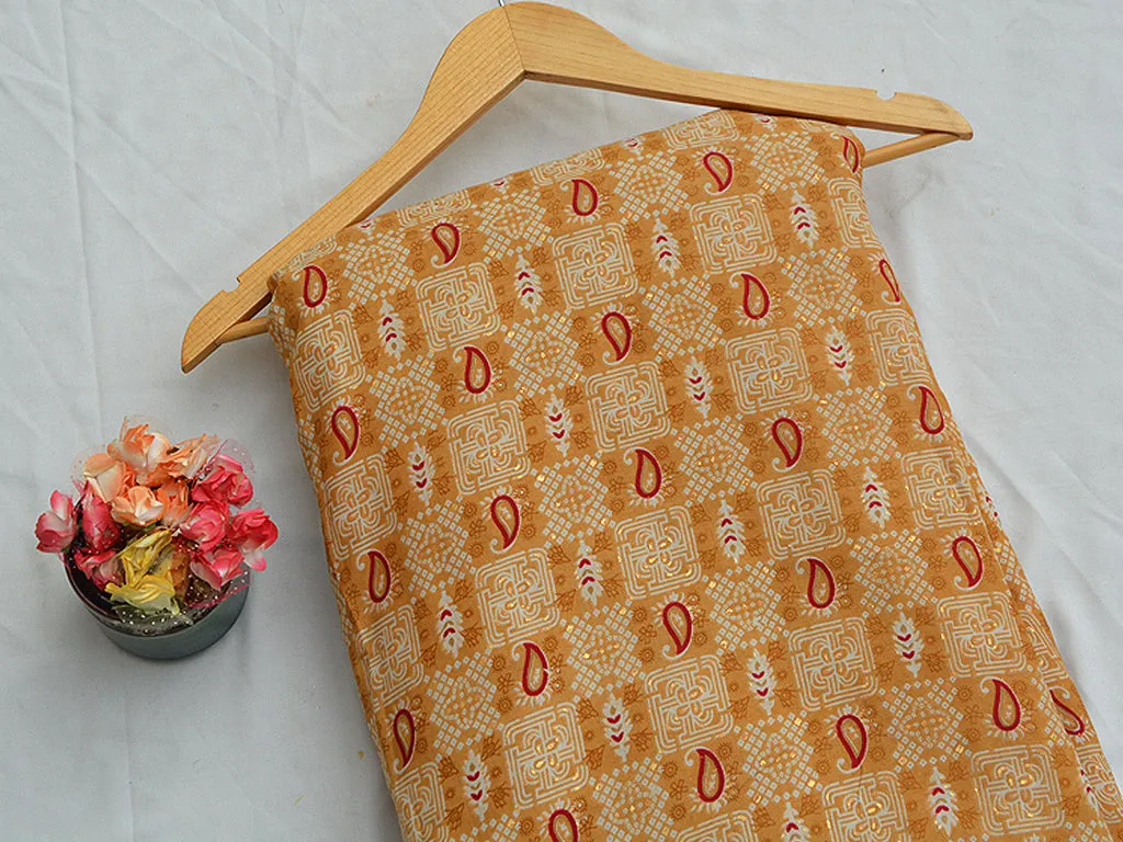 Light Mustard Yellow Abstract Digital Printed Slub Cotton Fabric