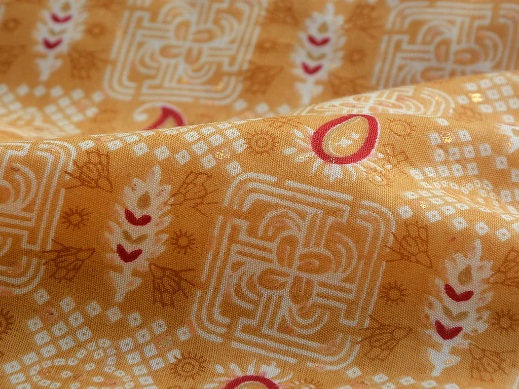 Light Mustard Yellow Abstract Digital Printed Slub Cotton Fabric