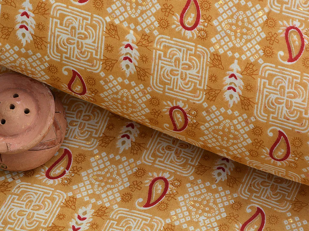 Light Mustard Yellow Abstract Digital Printed Slub Cotton Fabric