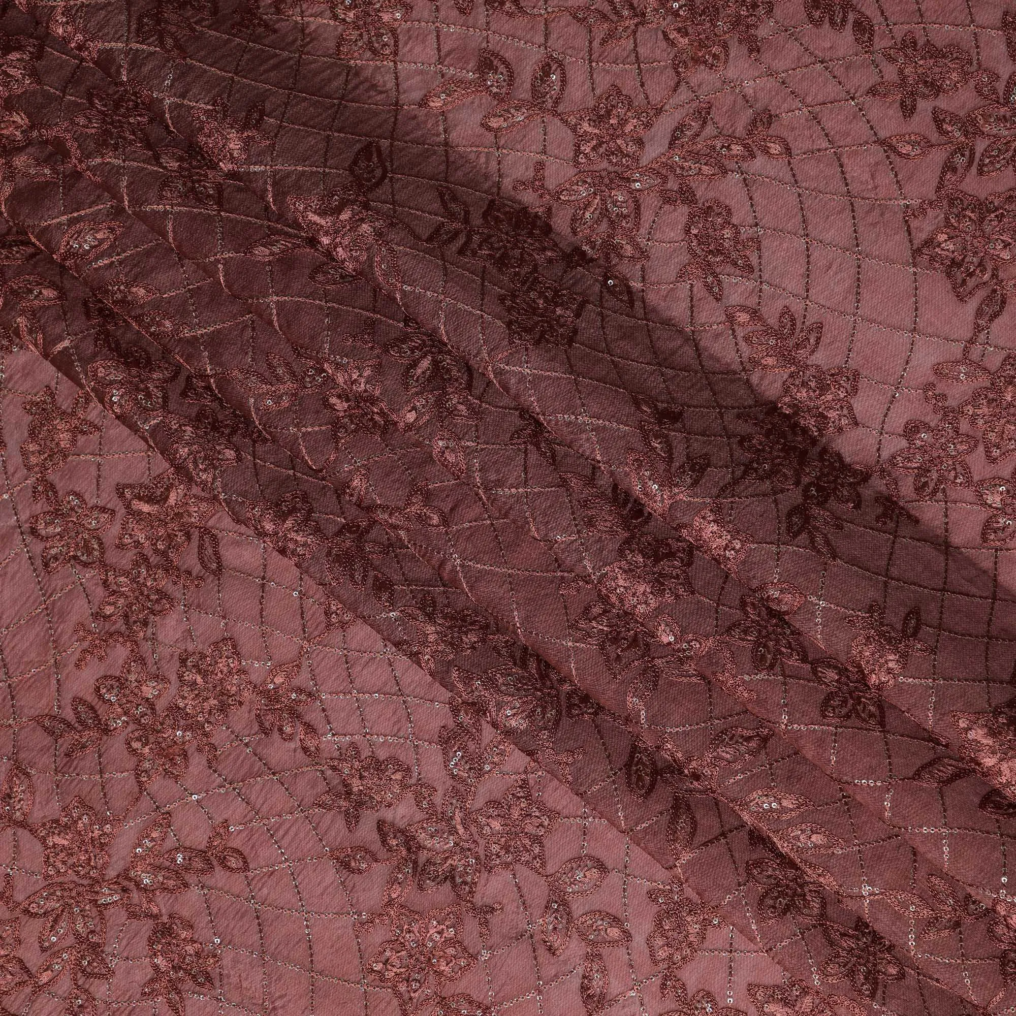 Maroon Tussar Silk Fabric with Floral Embroidery & Silver Accents, 110 cm Width-D20947