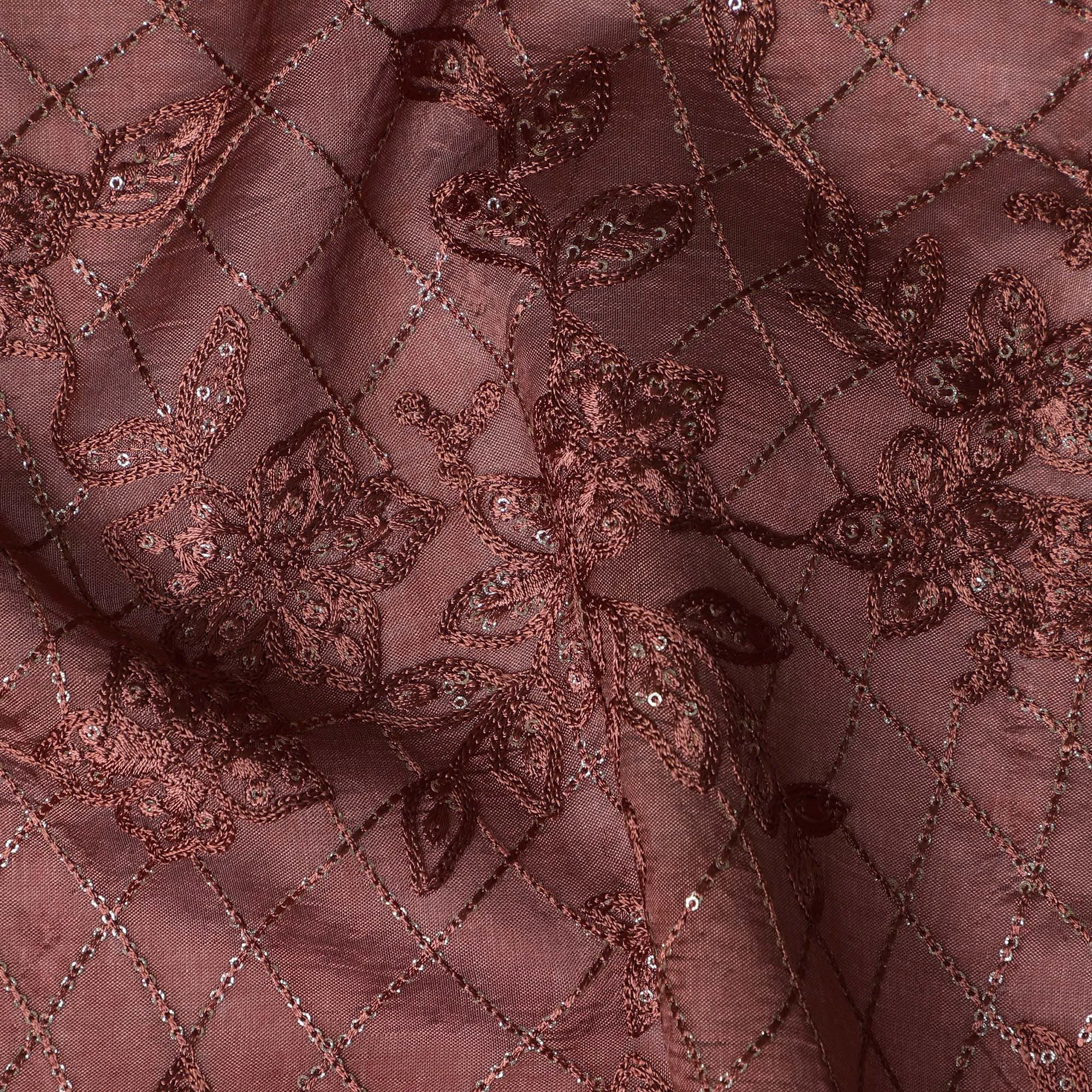 Maroon Tussar Silk Fabric with Floral Embroidery & Silver Accents, 110 cm Width-D20947