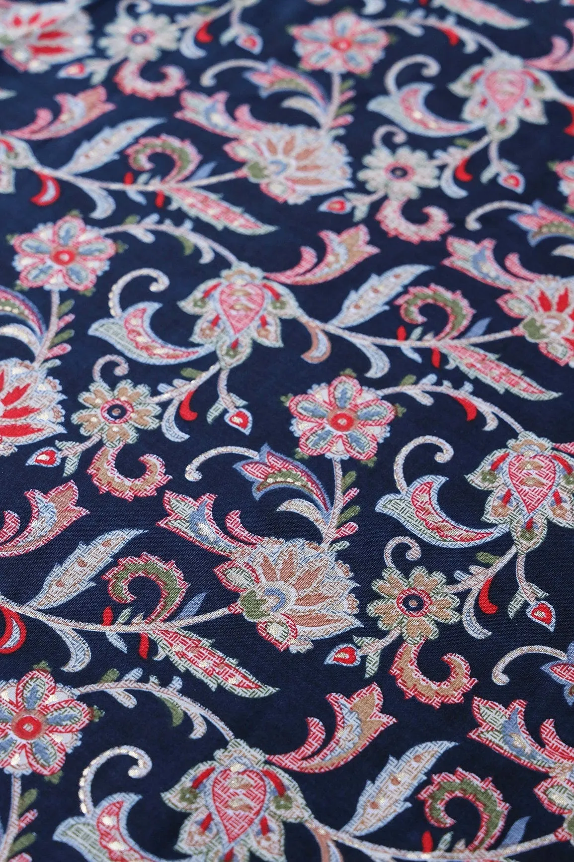 Multi Color Floral Pattern With Foil Print On Navy Blue Pure Rayon Fabric