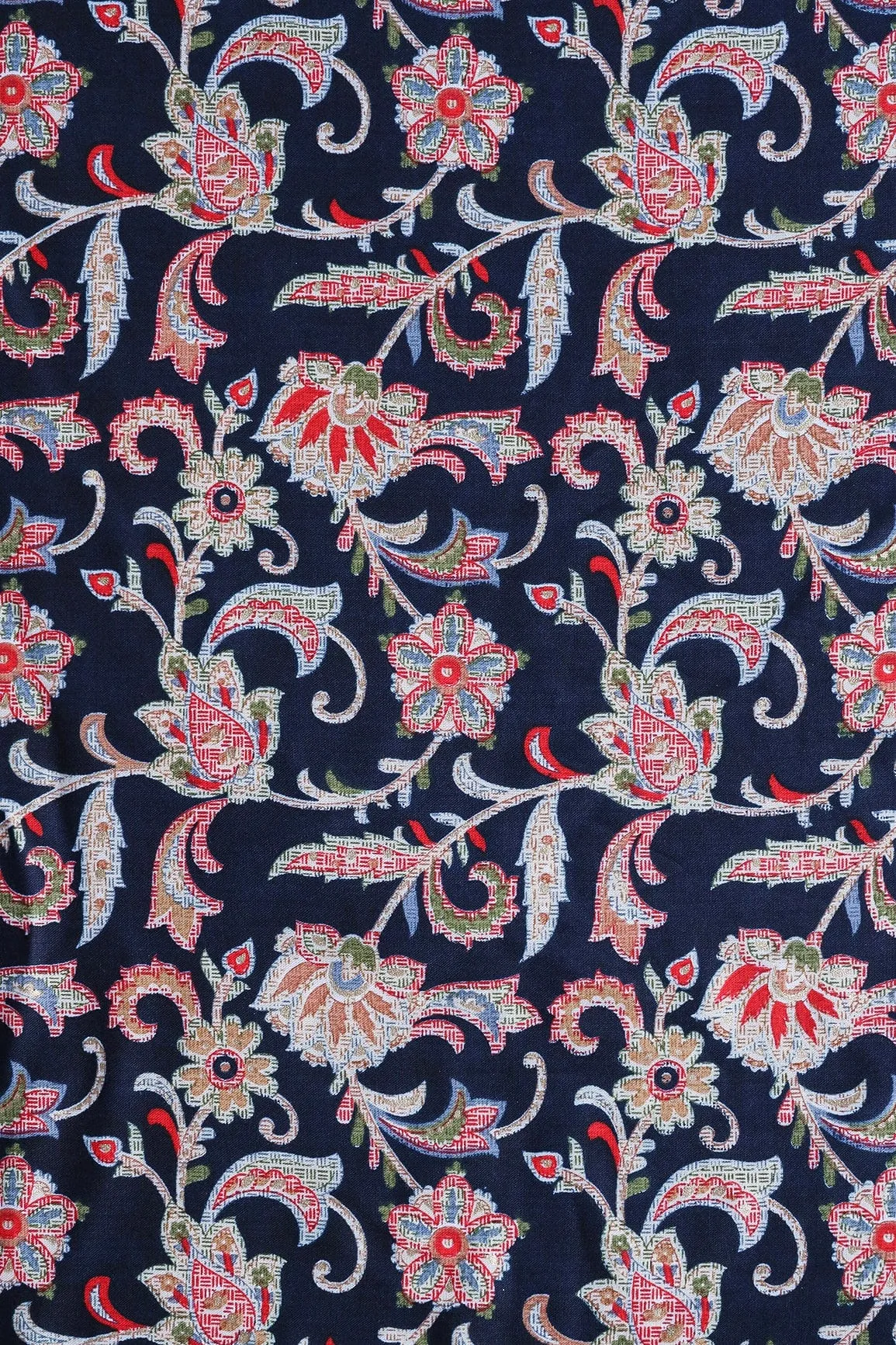 Multi Color Floral Pattern With Foil Print On Navy Blue Pure Rayon Fabric