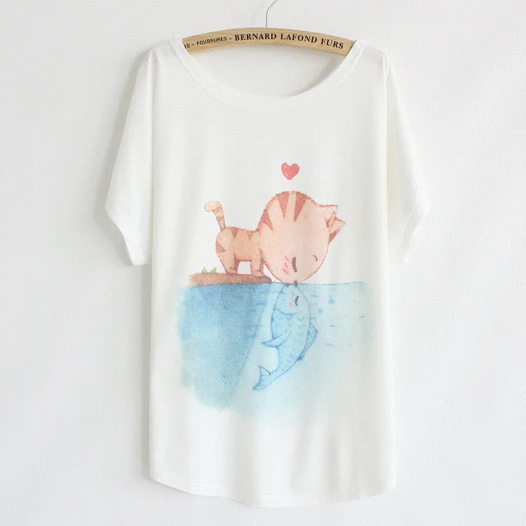 New summer T shirt women style thin plus size loose batwing sleeve women's T-shirt cat kiss Fish print Top Tees