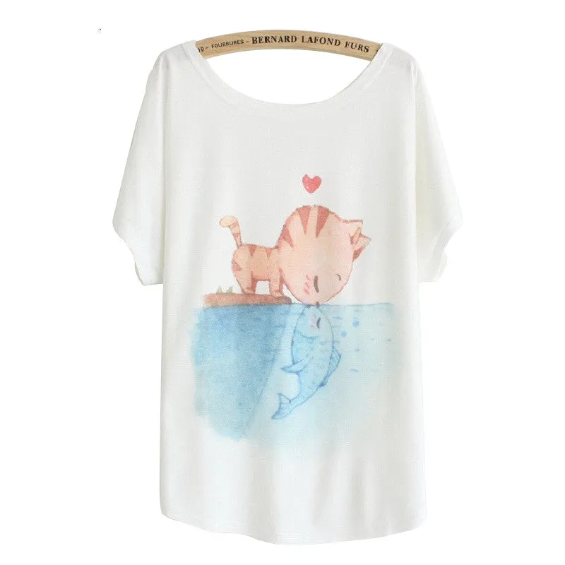 New summer T shirt women style thin plus size loose batwing sleeve women's T-shirt cat kiss Fish print Top Tees