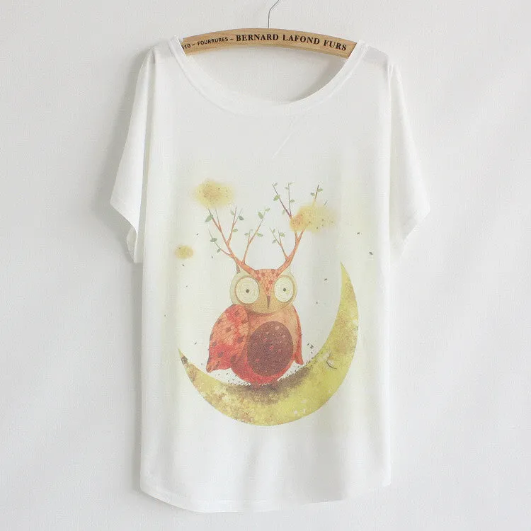 New summer T shirt women style thin plus size loose batwing sleeve women's T-shirt cat kiss Fish print Top Tees