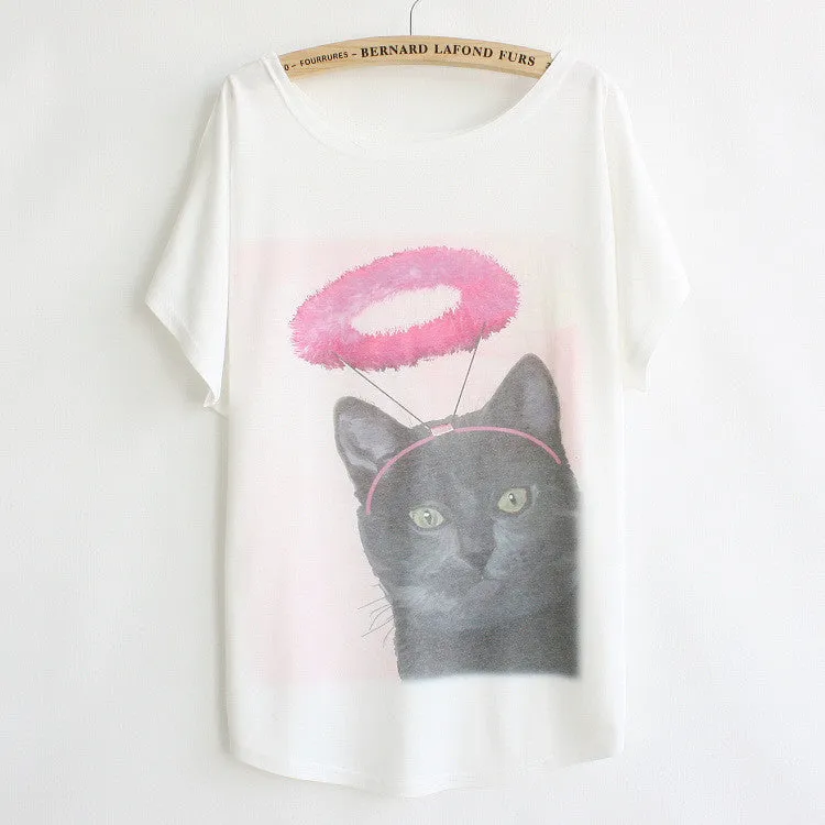 New summer T shirt women style thin plus size loose batwing sleeve women's T-shirt cat kiss Fish print Top Tees