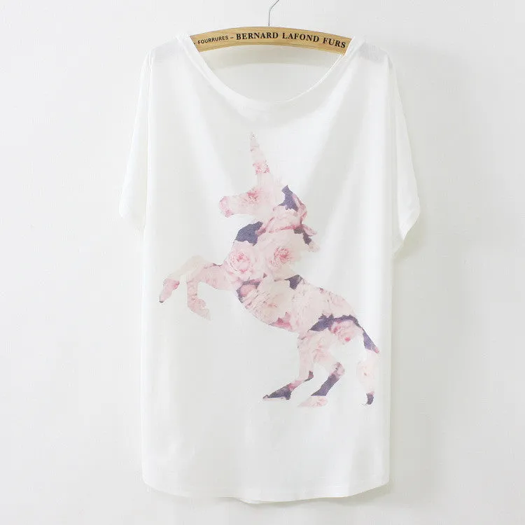 New summer T shirt women style thin plus size loose batwing sleeve women's T-shirt cat kiss Fish print Top Tees