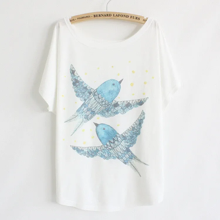 New summer T shirt women style thin plus size loose batwing sleeve women's T-shirt cat kiss Fish print Top Tees