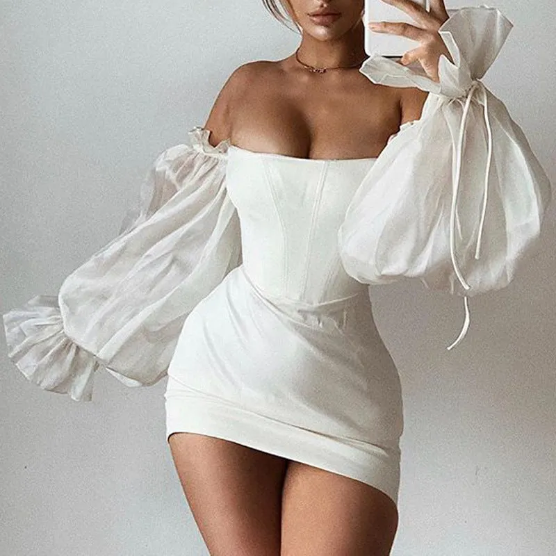 Off-shoulder lantern sleeve dress