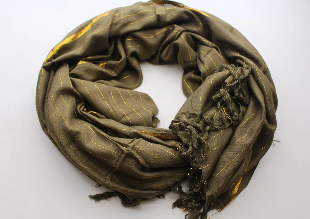 Olive Green Plain Jari Cotton Scarf with Golden Lining