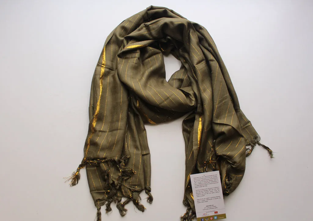 Olive Green Plain Jari Cotton Scarf with Golden Lining