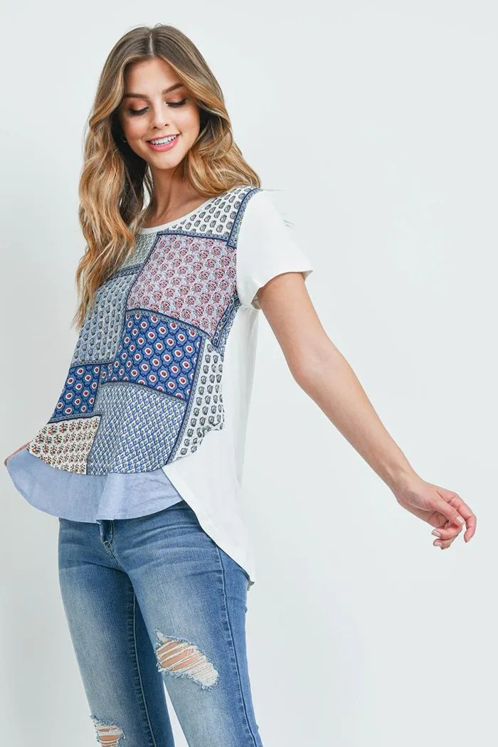 Patchwork Print Contrast Top