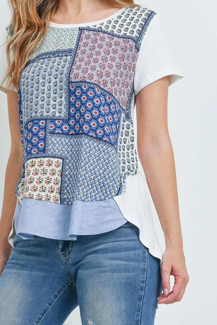 Patchwork Print Contrast Top