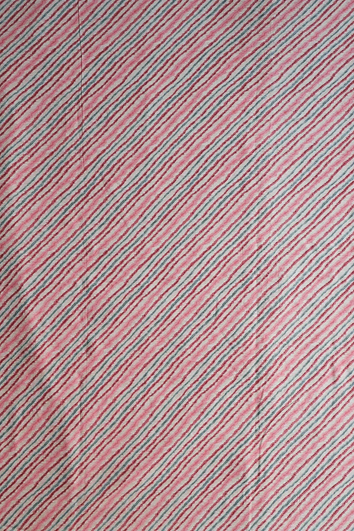 Pink And Grey Stripes Pattern Print On Light beige Pure Rayon Fabric