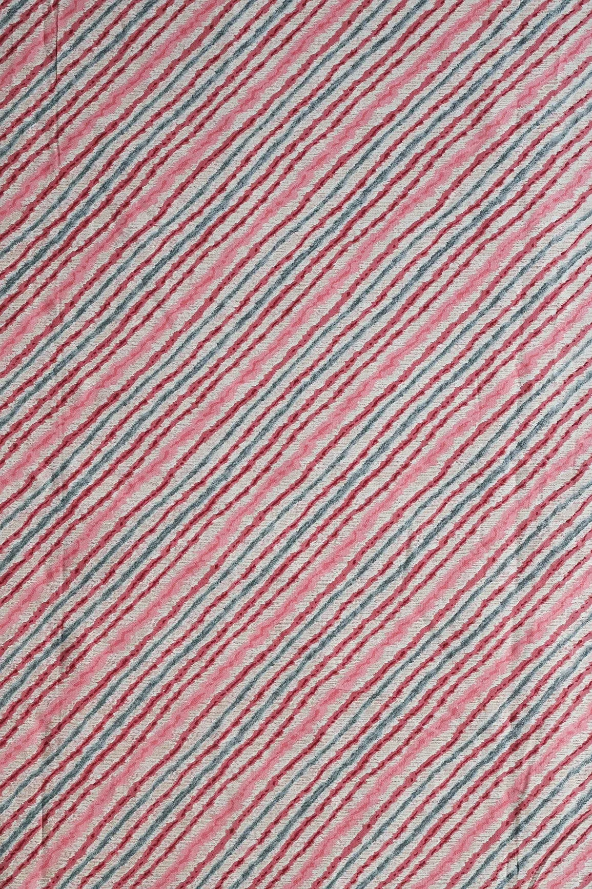 Pink And Grey Stripes Pattern Print On Light beige Pure Rayon Fabric