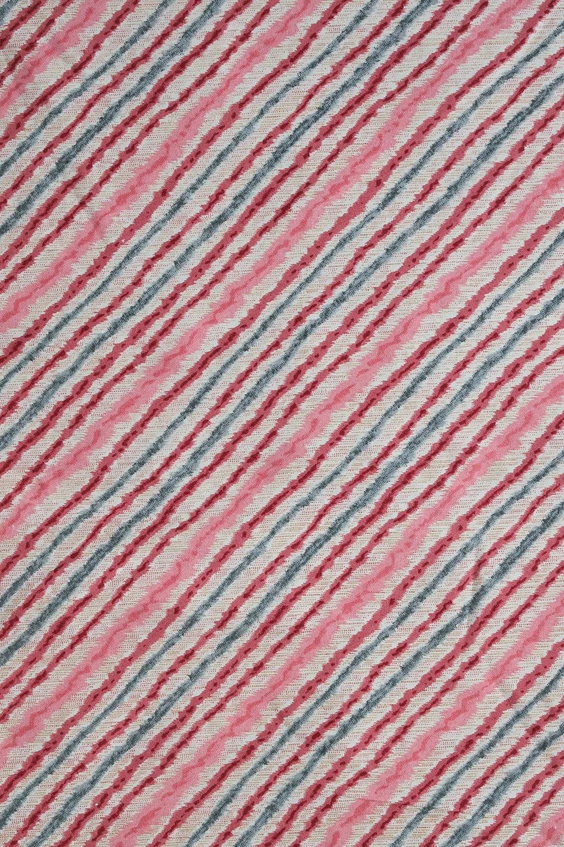 Pink And Grey Stripes Pattern Print On Light beige Pure Rayon Fabric