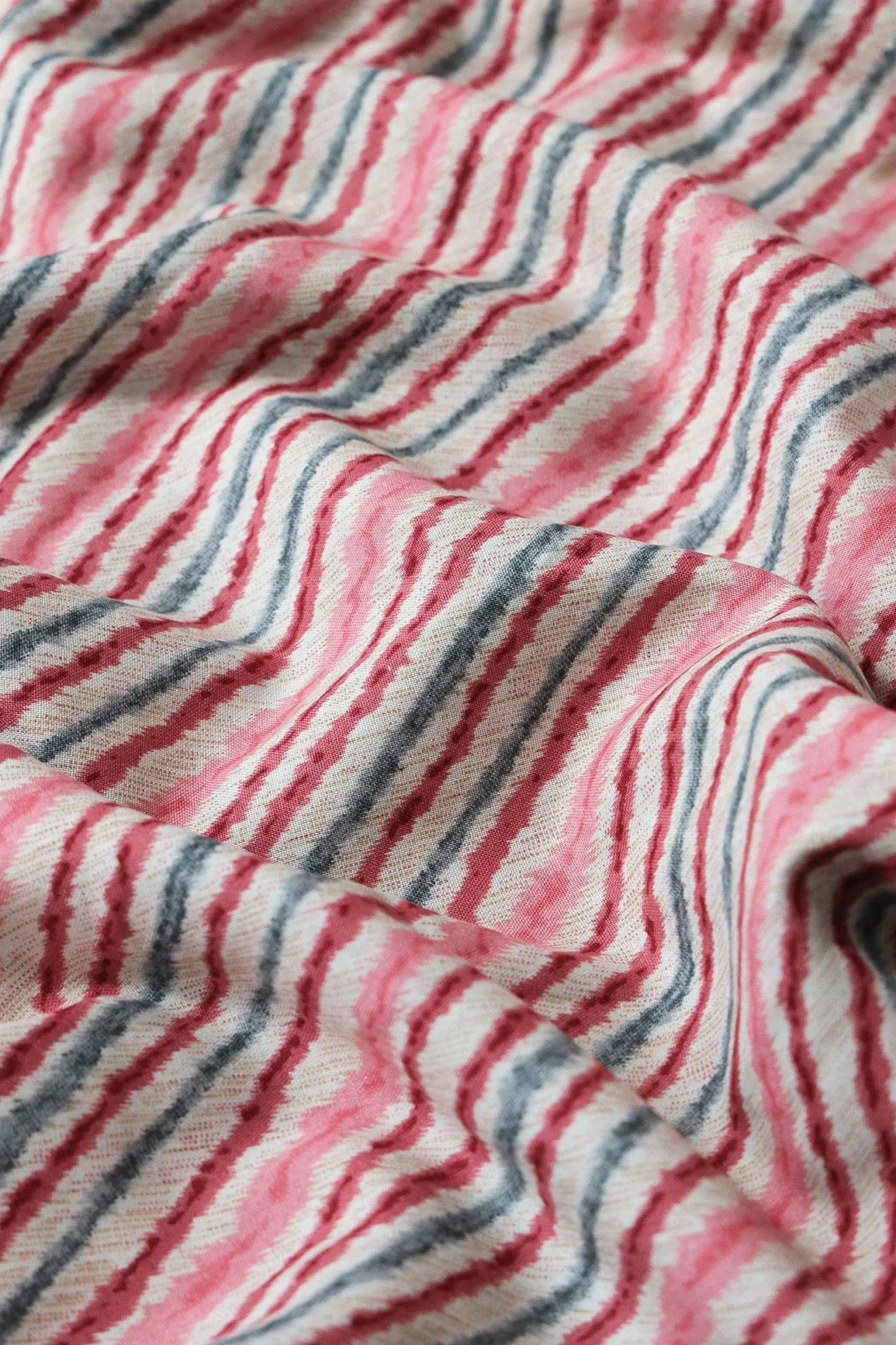 Pink And Grey Stripes Pattern Print On Light beige Pure Rayon Fabric