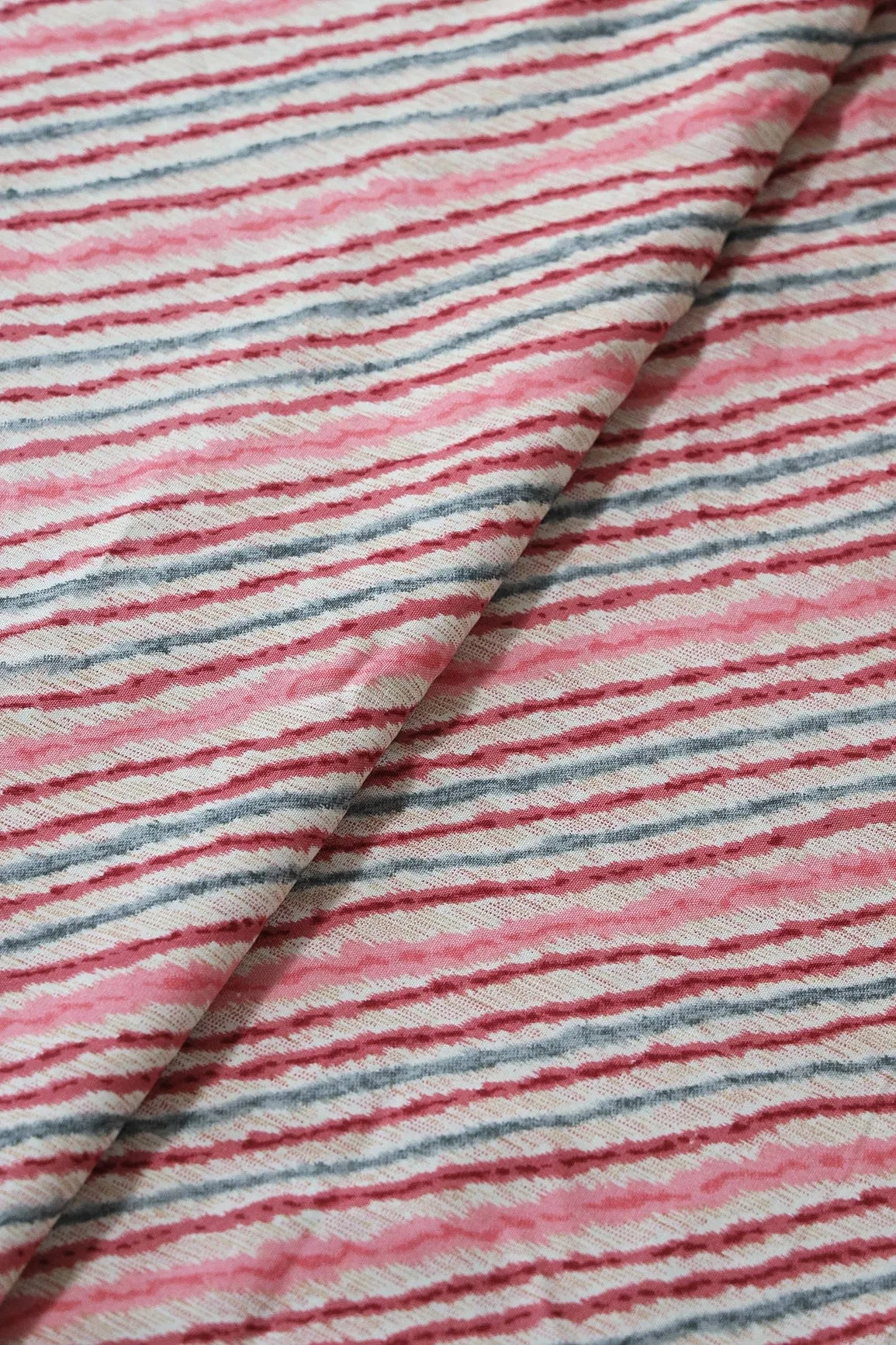 Pink And Grey Stripes Pattern Print On Light beige Pure Rayon Fabric