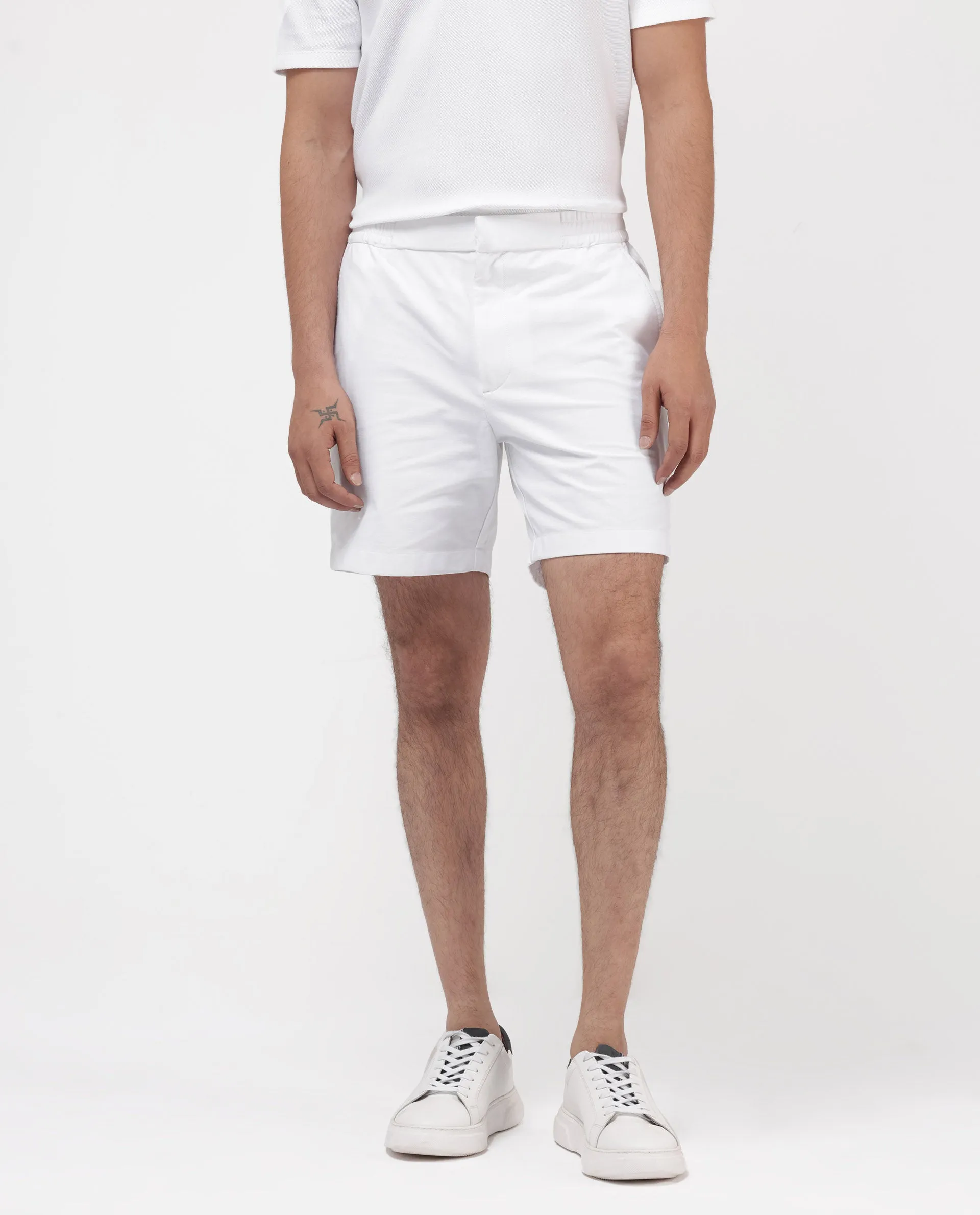 Rare Rabbit Mens Myka White Cotton Elastane Fabric Button And Zip Closure Relaxed Fit Solid Shorts