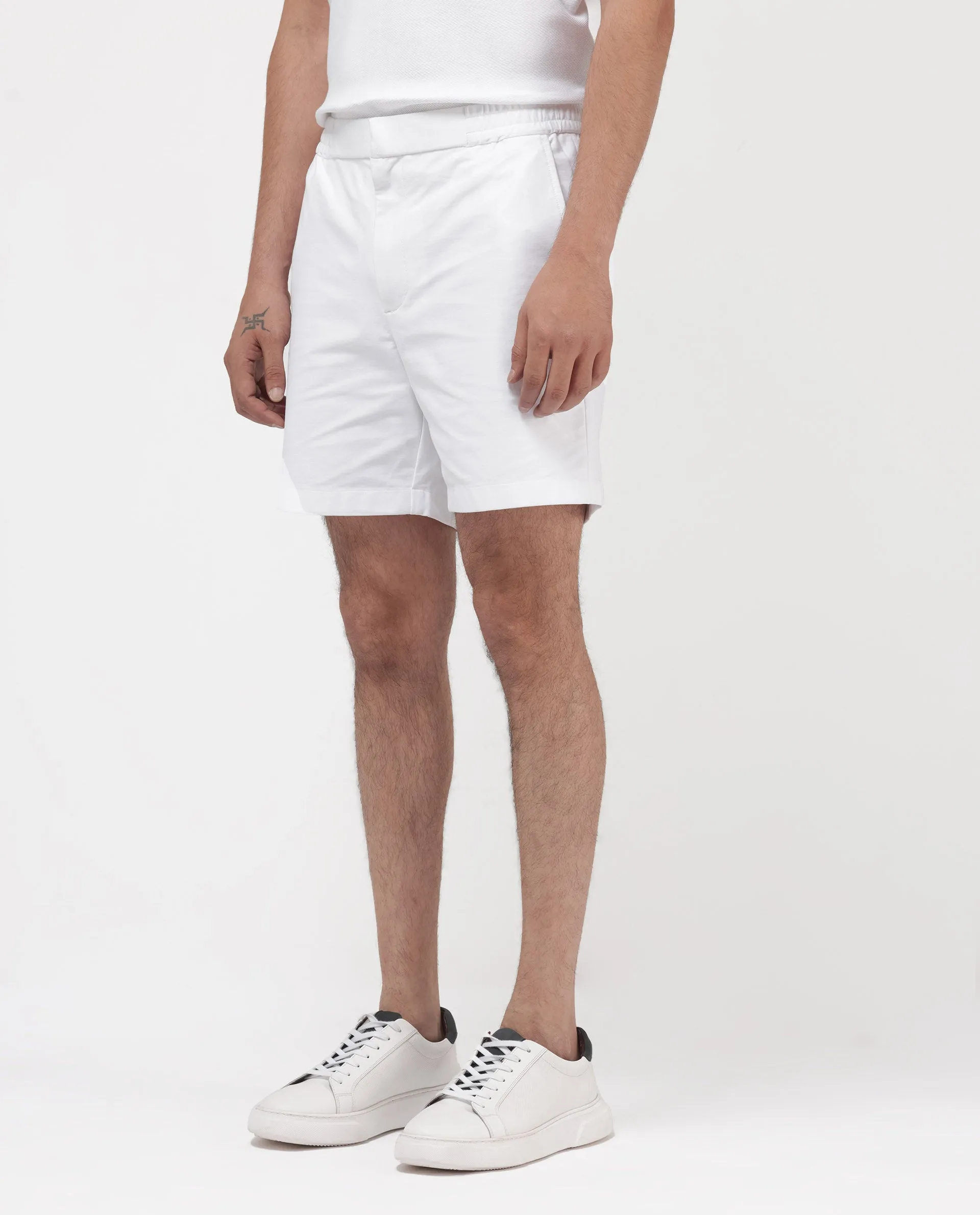 Rare Rabbit Mens Myka White Cotton Elastane Fabric Button And Zip Closure Relaxed Fit Solid Shorts