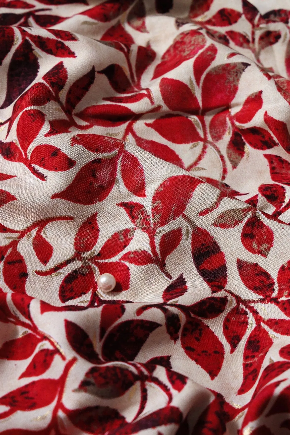 Red Leafy Pattern With Foil Print On Off White Pure Rayon Fabric