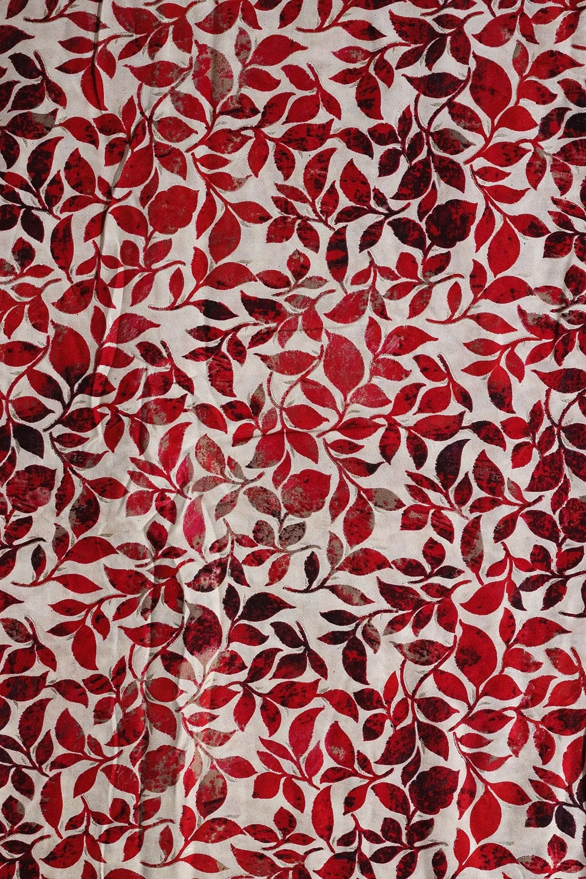 Red Leafy Pattern With Foil Print On Off White Pure Rayon Fabric