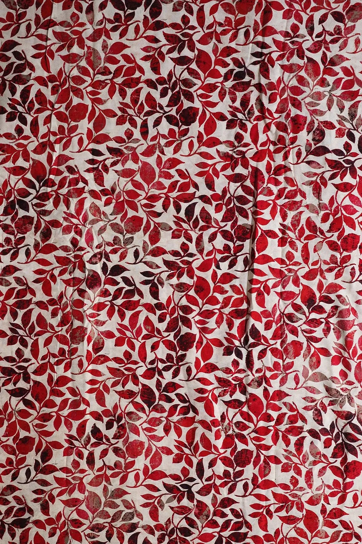 Red Leafy Pattern With Foil Print On Off White Pure Rayon Fabric