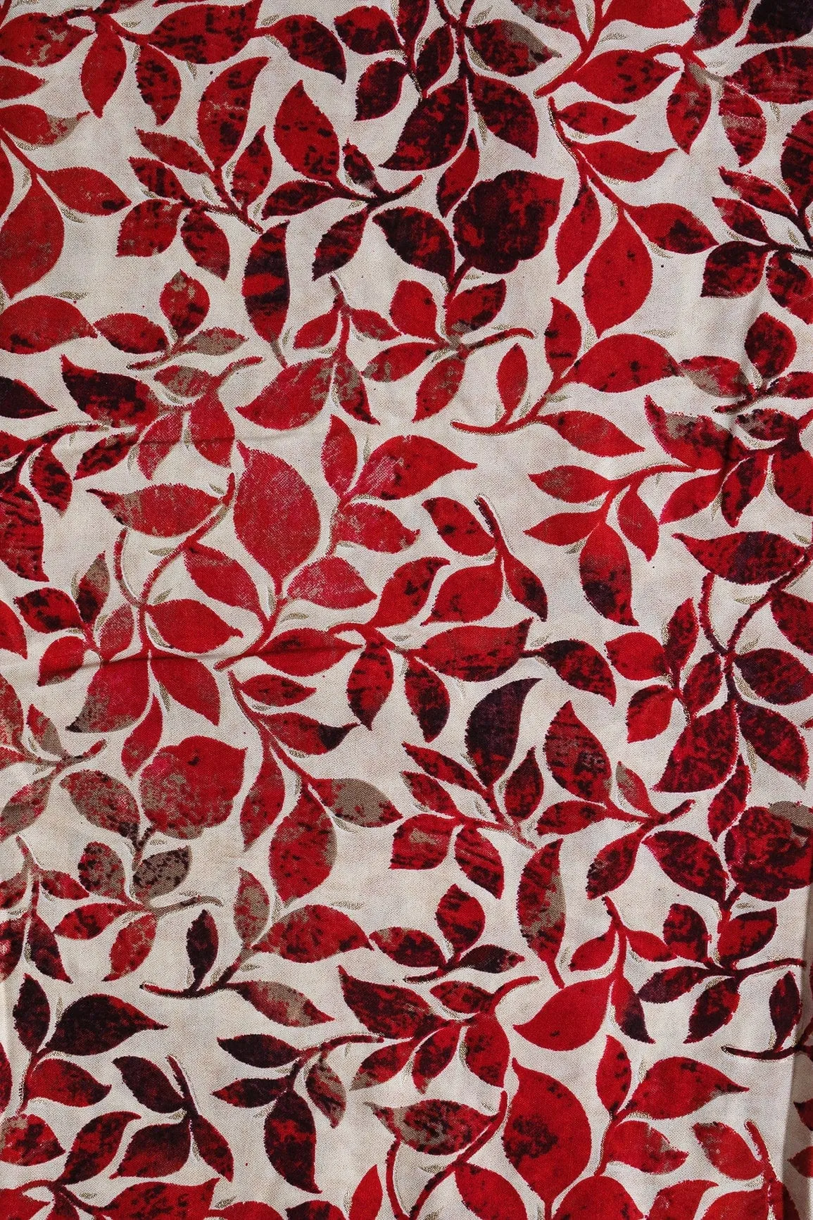 Red Leafy Pattern With Foil Print On Off White Pure Rayon Fabric