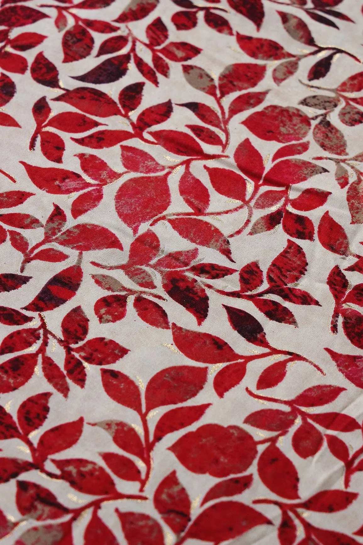 Red Leafy Pattern With Foil Print On Off White Pure Rayon Fabric