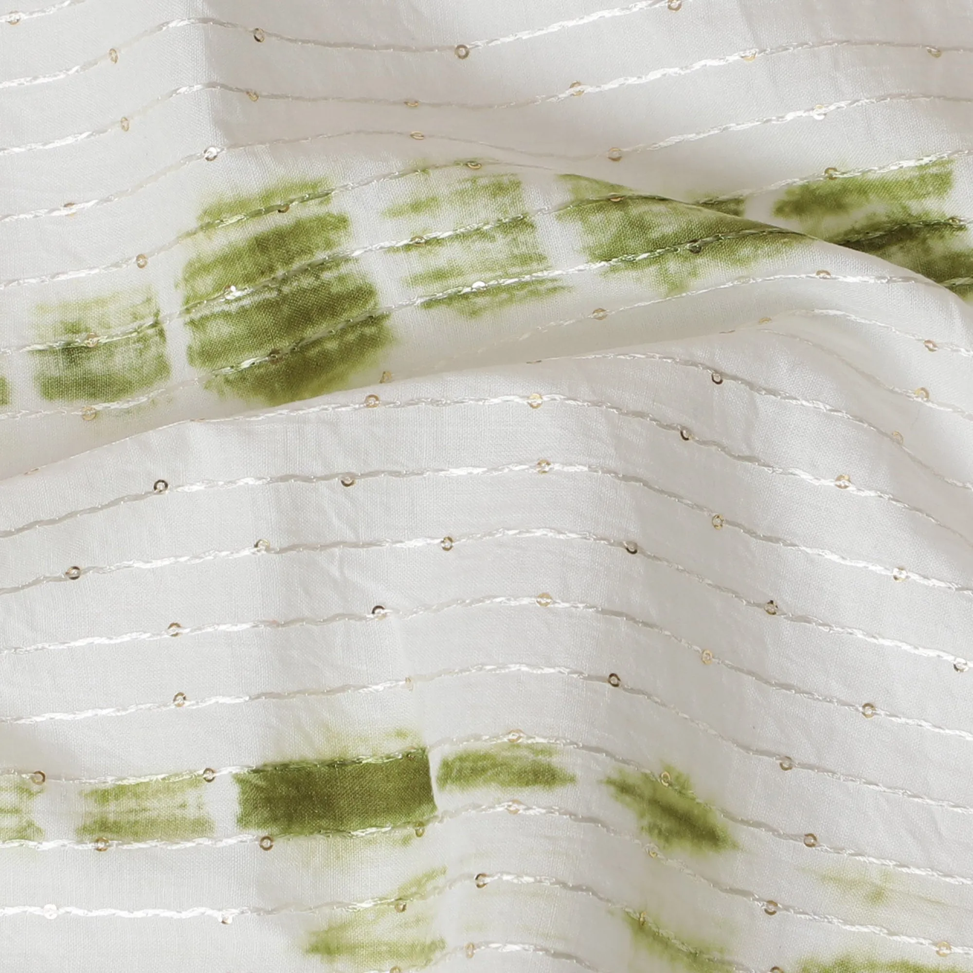 Refreshing Green and White Tie-Dye Cotton Lawn Fabric with Sequin Stripes, 110 cm Width-D19659