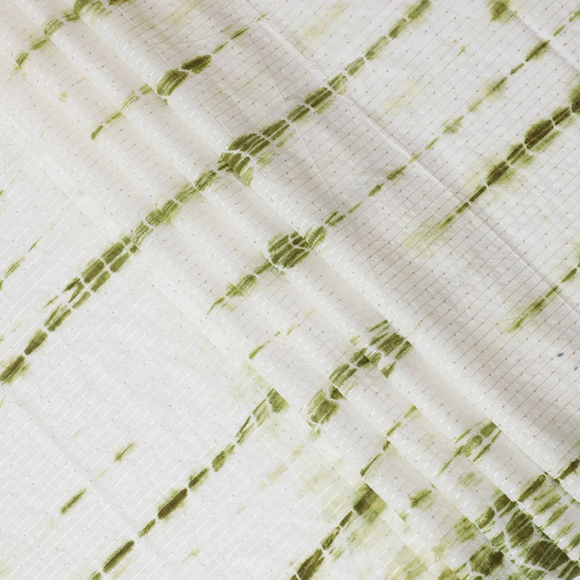 Refreshing Green and White Tie-Dye Cotton Lawn Fabric with Sequin Stripes, 110 cm Width-D19659