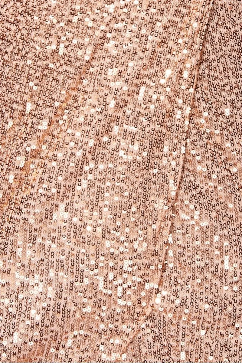 Rose Gold Sequin V Neck Wrapover Long Sleeve Mini Dress