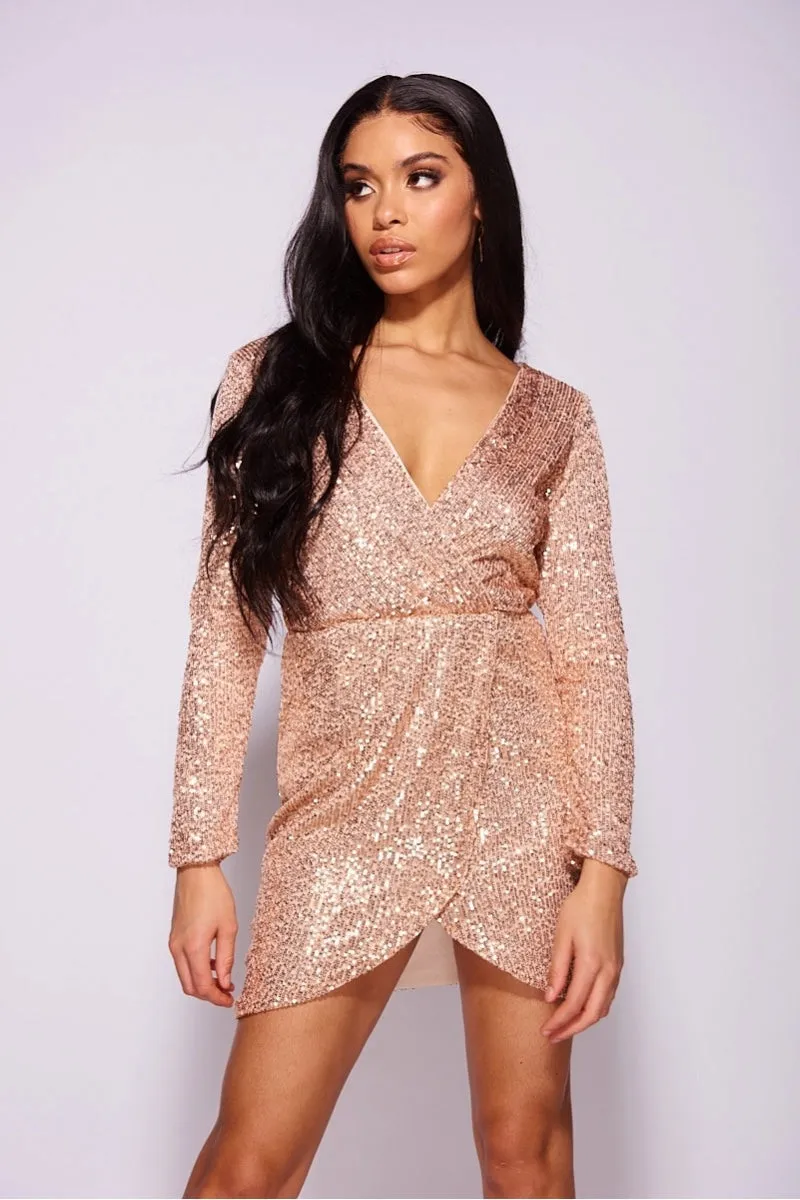 Rose Gold Sequin V Neck Wrapover Long Sleeve Mini Dress