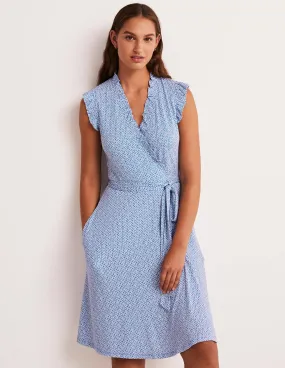 Ruffle Fixed Wrap Jersey Dress-Bluebell, Geo Blooms