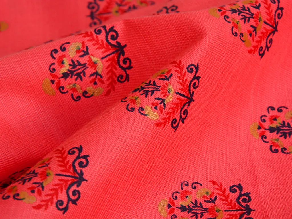 Salmon Pink Motifs Digital Printed Premium Crepe Fabric