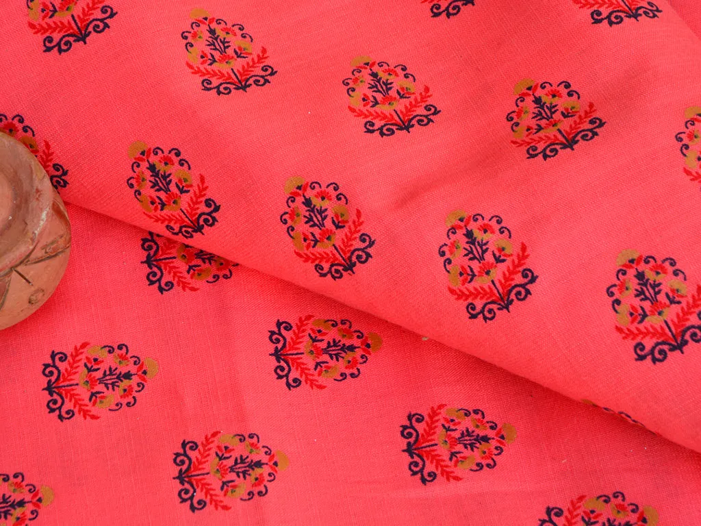 Salmon Pink Motifs Digital Printed Premium Crepe Fabric