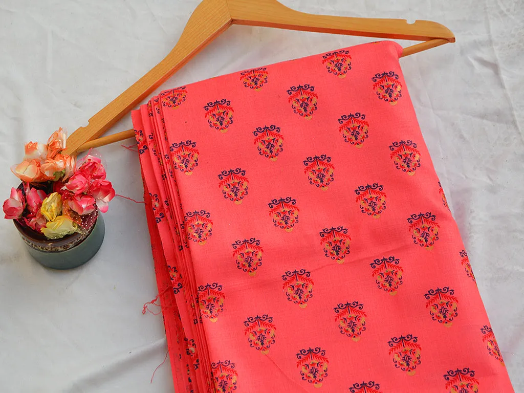 Salmon Pink Motifs Digital Printed Premium Crepe Fabric