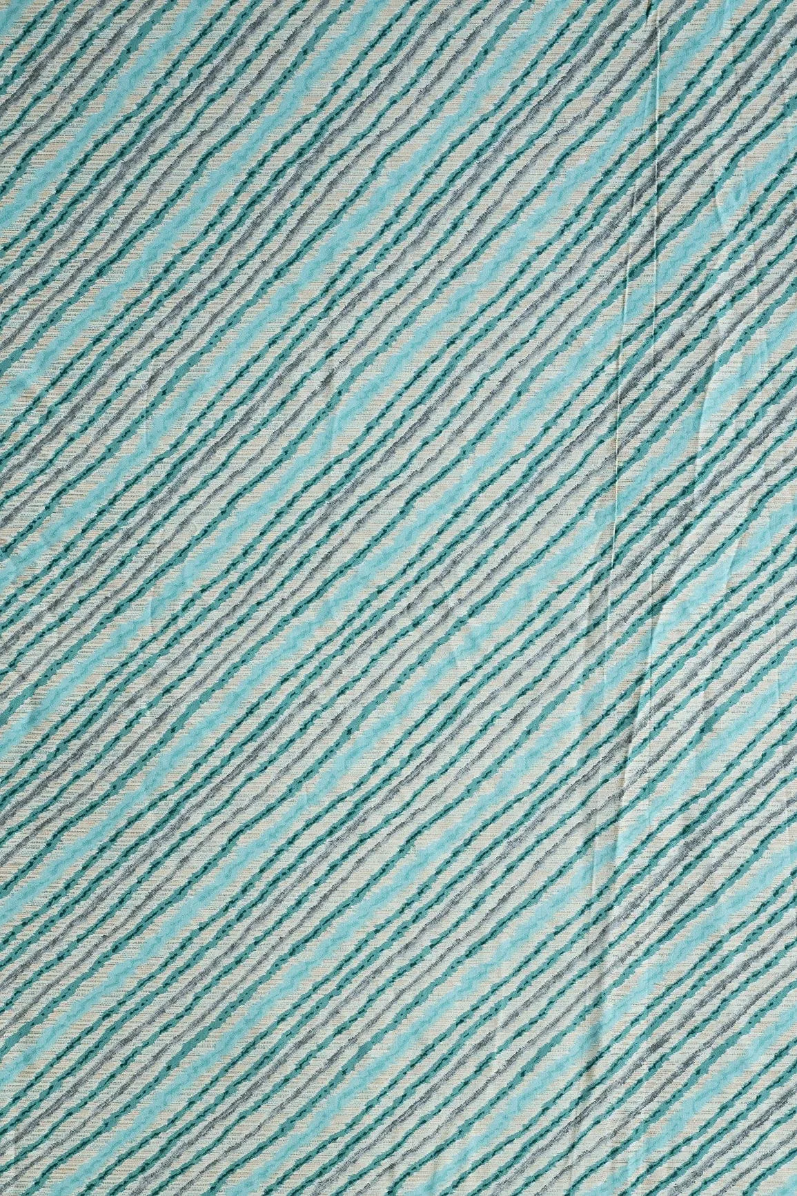 Sky Blue And Grey Stripes Pattern Print On Off White Pure Rayon Fabric