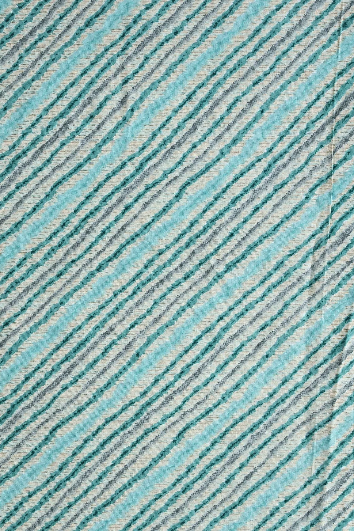 Sky Blue And Grey Stripes Pattern Print On Off White Pure Rayon Fabric