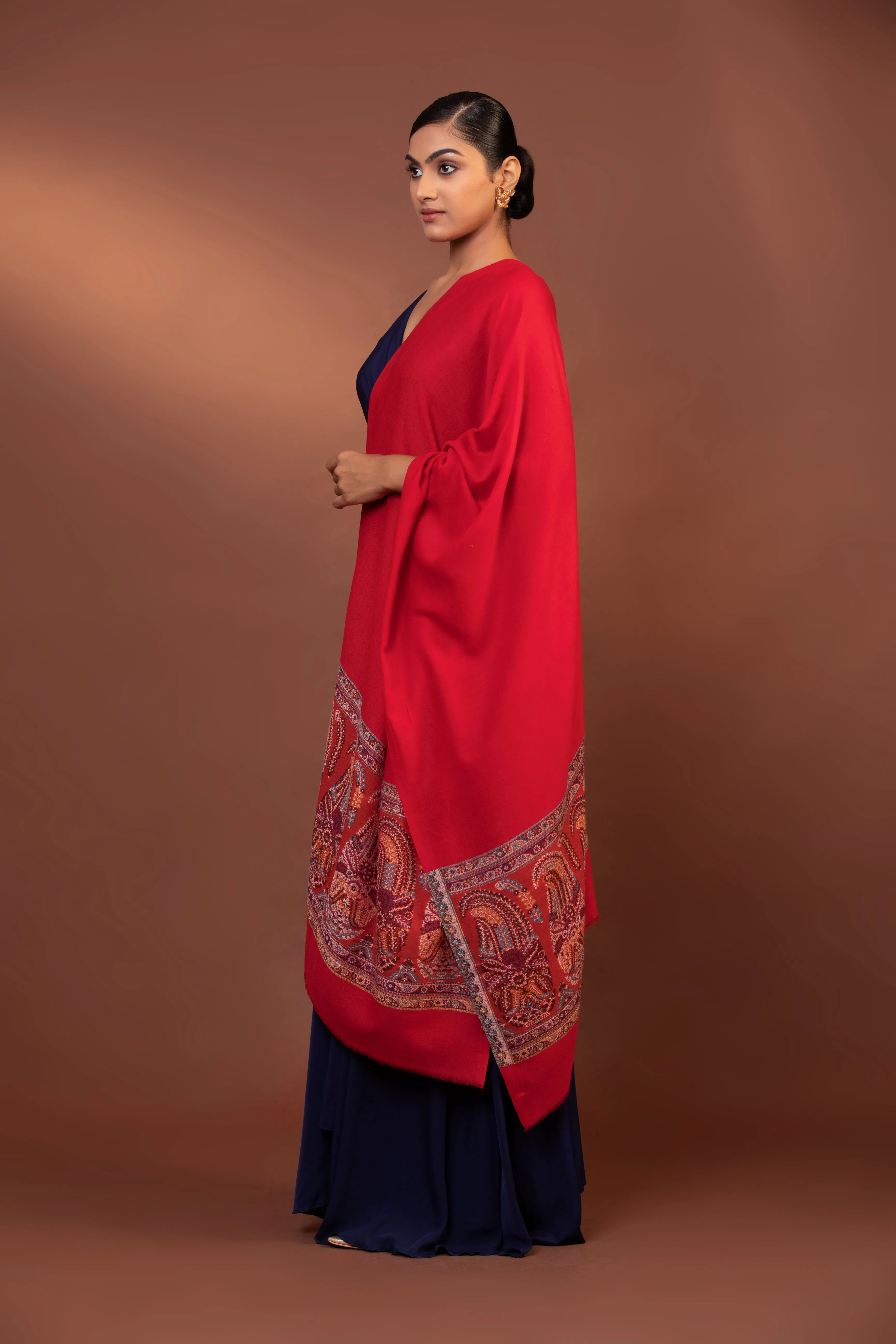 Solid Red Fine Wool Shawl with Heavy Embroidered Border Design