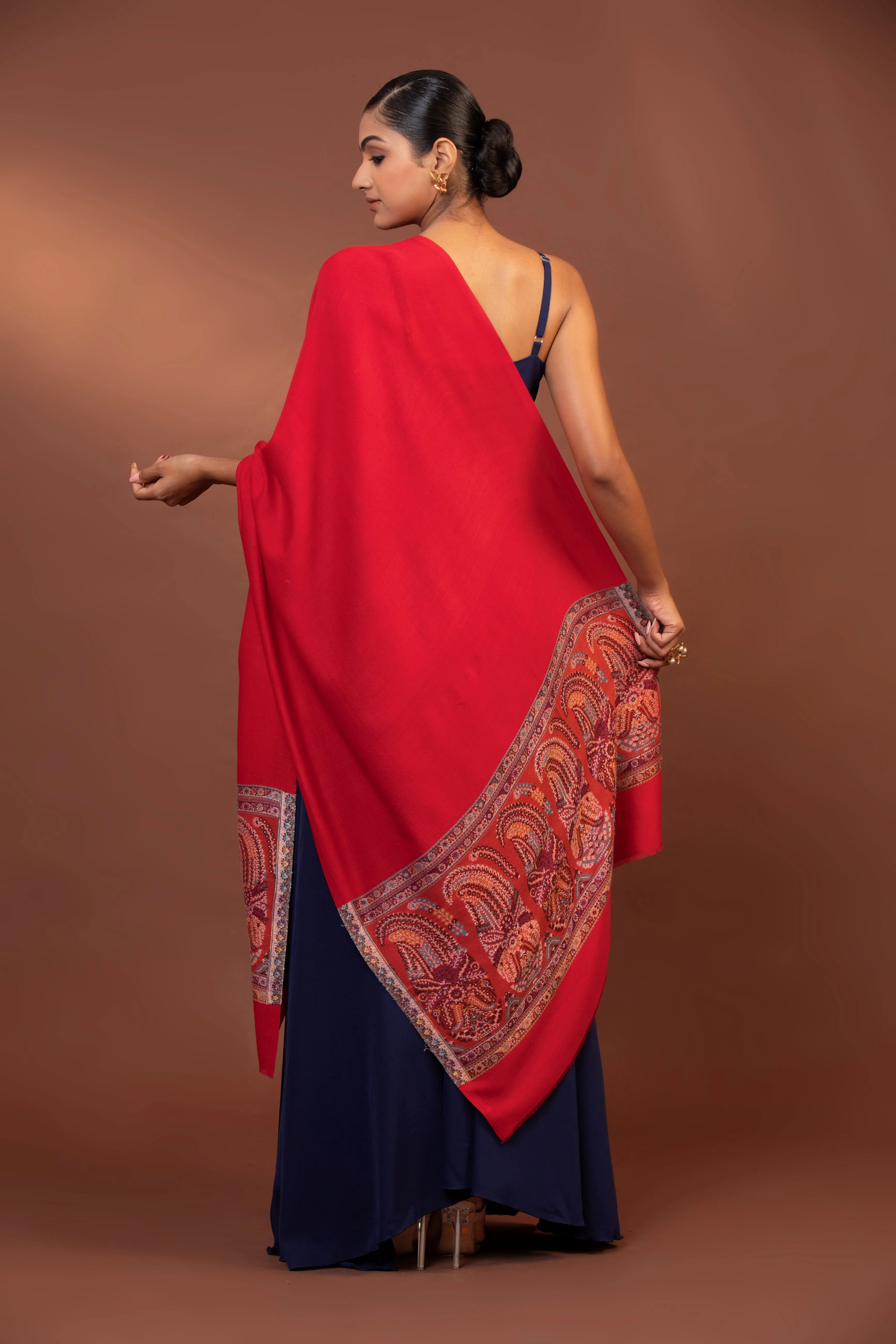 Solid Red Fine Wool Shawl with Heavy Embroidered Border Design