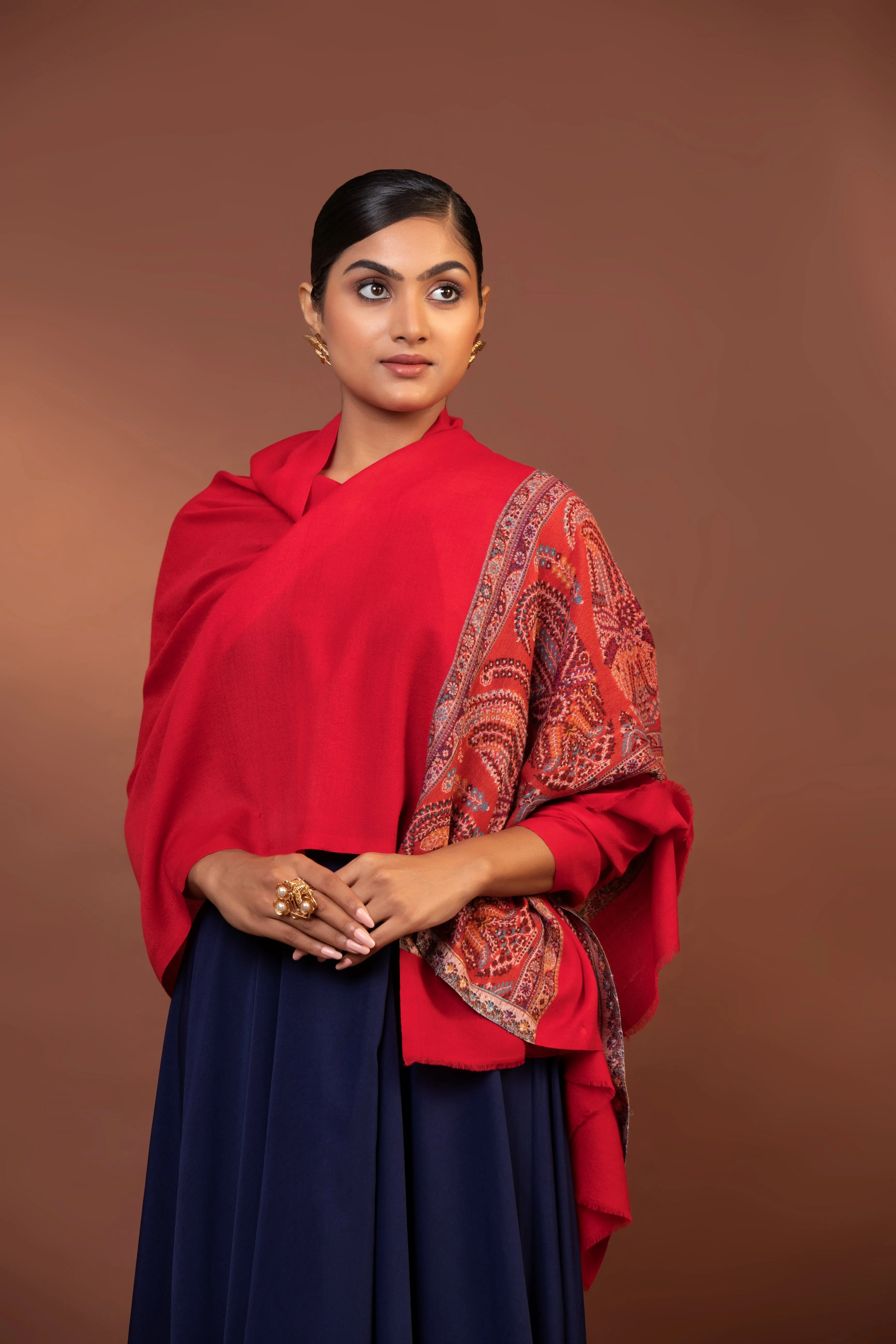 Solid Red Fine Wool Shawl with Heavy Embroidered Border Design