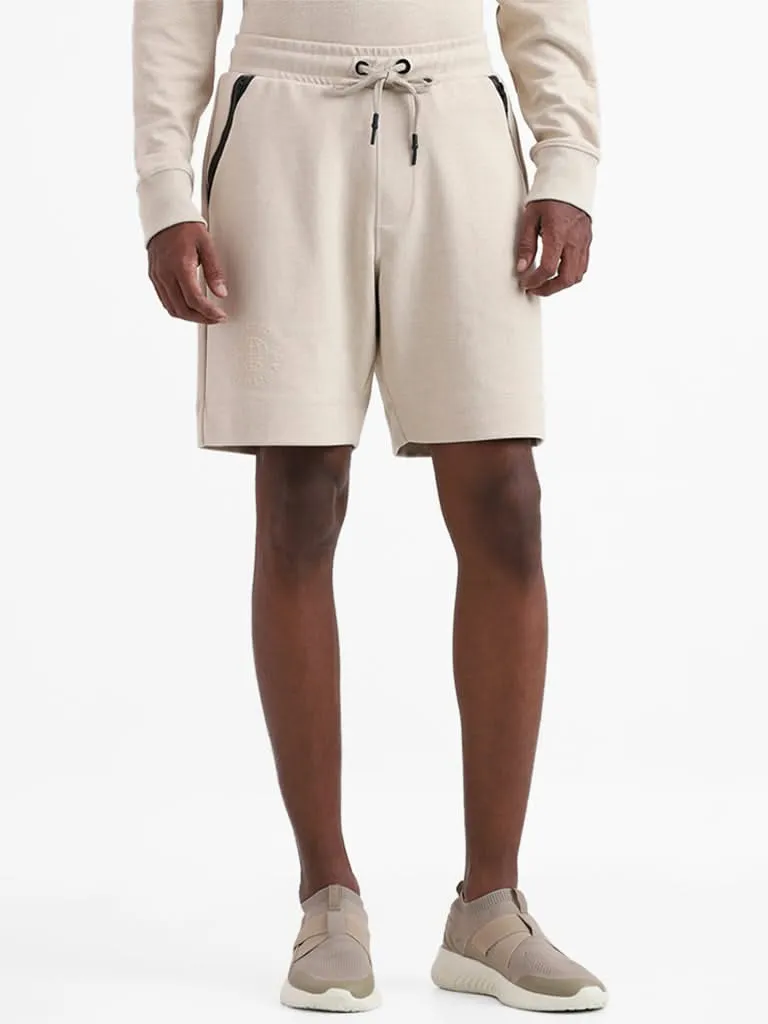 Studiofit Solid Beige Relaxed-Fit Mid-Rise Shorts