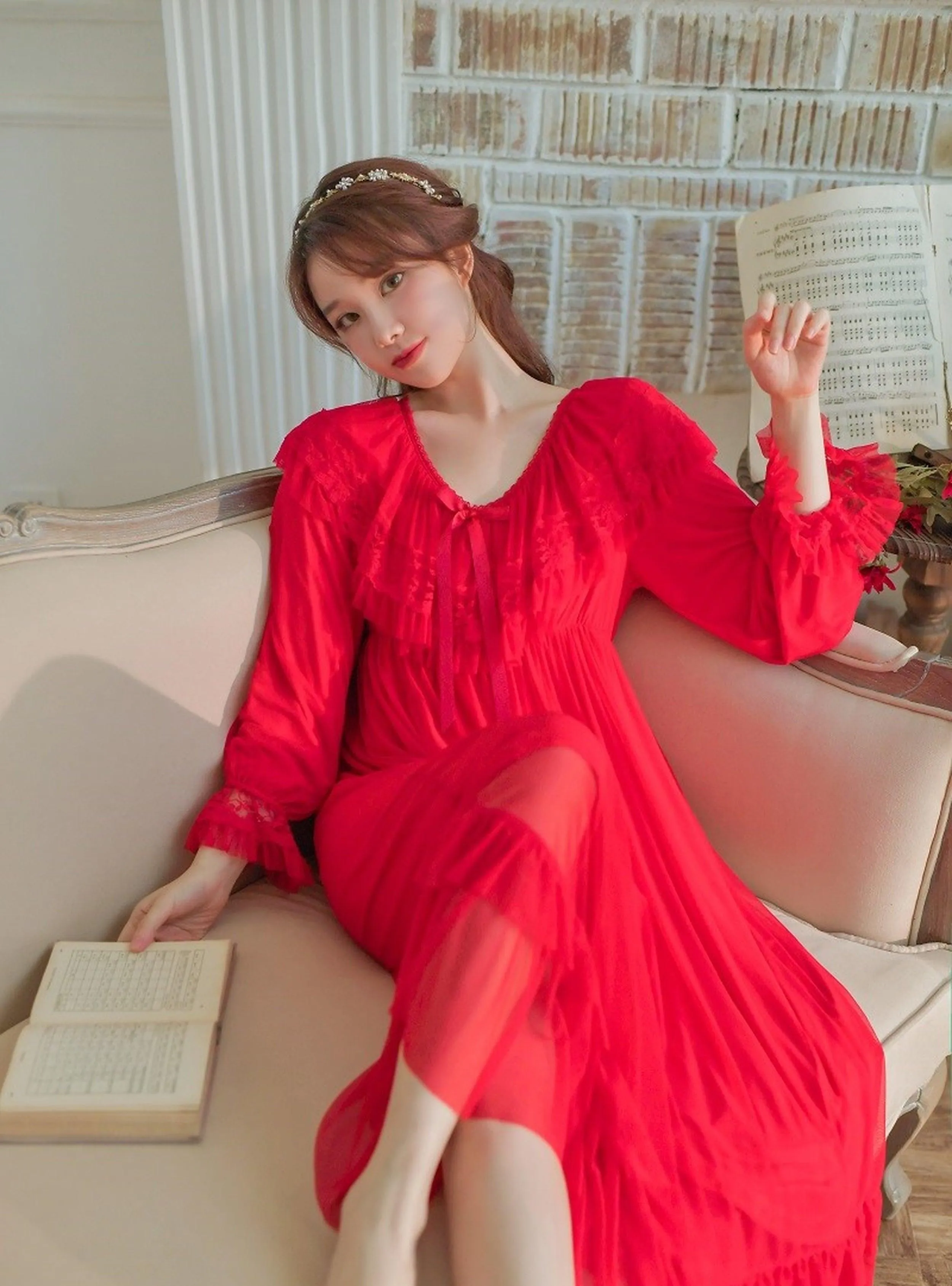 Vintage Luxury Modal Gauze Women's Long Nightgowns, Long Sleeve Soft Lace Spring Autumn Loose Nightdress