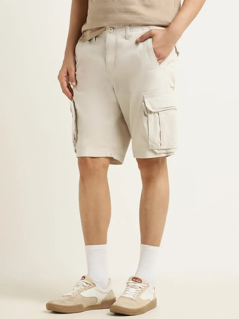 WES Casuals Plain Taupe Cotton Relaxed Fit Shorts