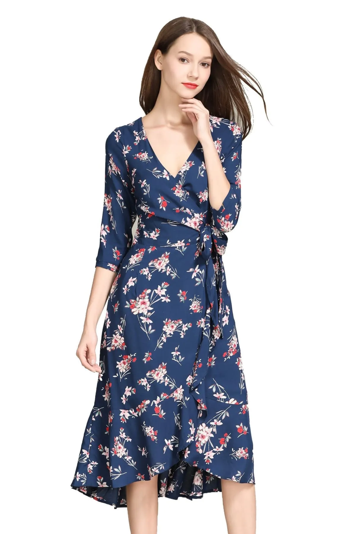 Whimsical Navy Pink Bouquet Ruffle Wrap Dress