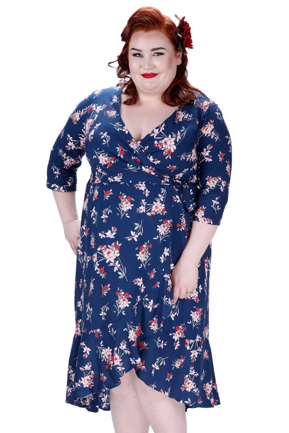 Whimsical Navy Pink Bouquet Ruffle Wrap Dress